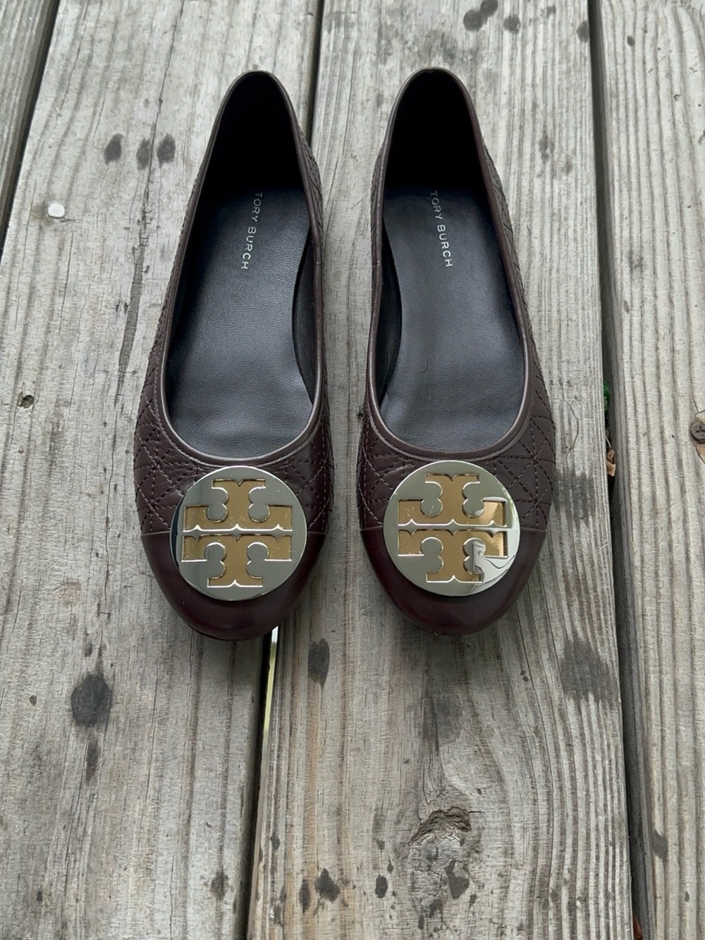 Tory Burch Dark Brown Quilted Leather Flats with Gold and Silver Logo